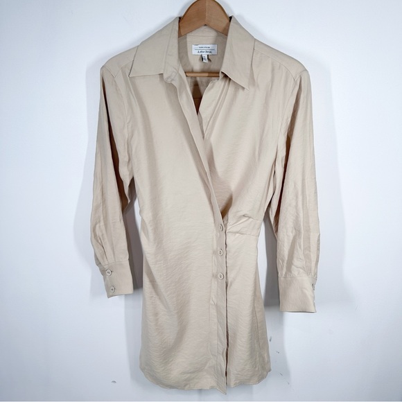 & Other Stories Asymmetric Mini Shirtdress in Tan Size 0 Wrap - Picture 3 of 9